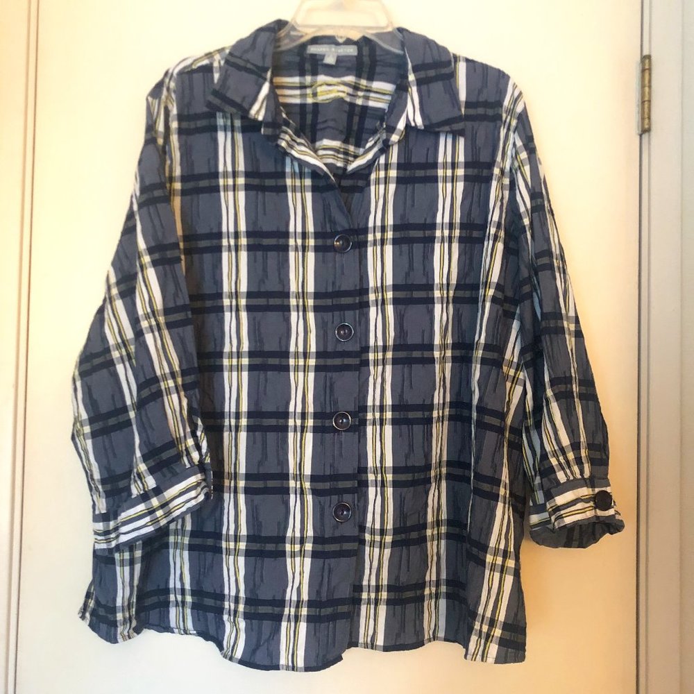 Foxcroft Blue White w/Yellow Plaid easy care button shirt 24W